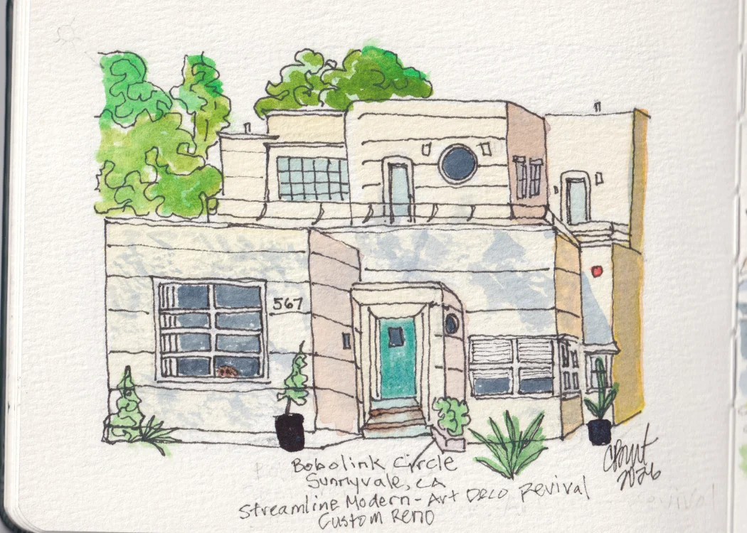 Bobolink Circle — pen and ink with watercolor sketch of a Streamline Modern Art Deco Revival house in Sunnyvale, CA