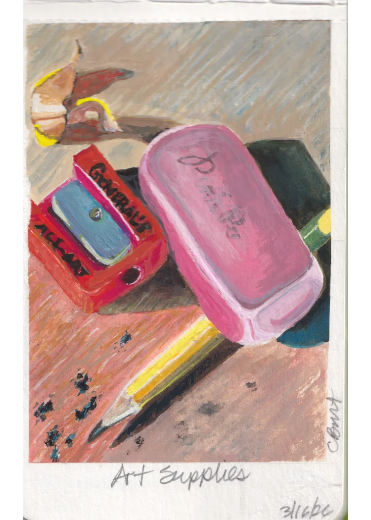 Art Supplies — gouache still life of a sharpener, eraser, and pencil