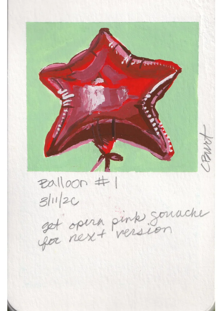 Balloon #1 — gouache painting of a red star-shaped foil balloon on green ground