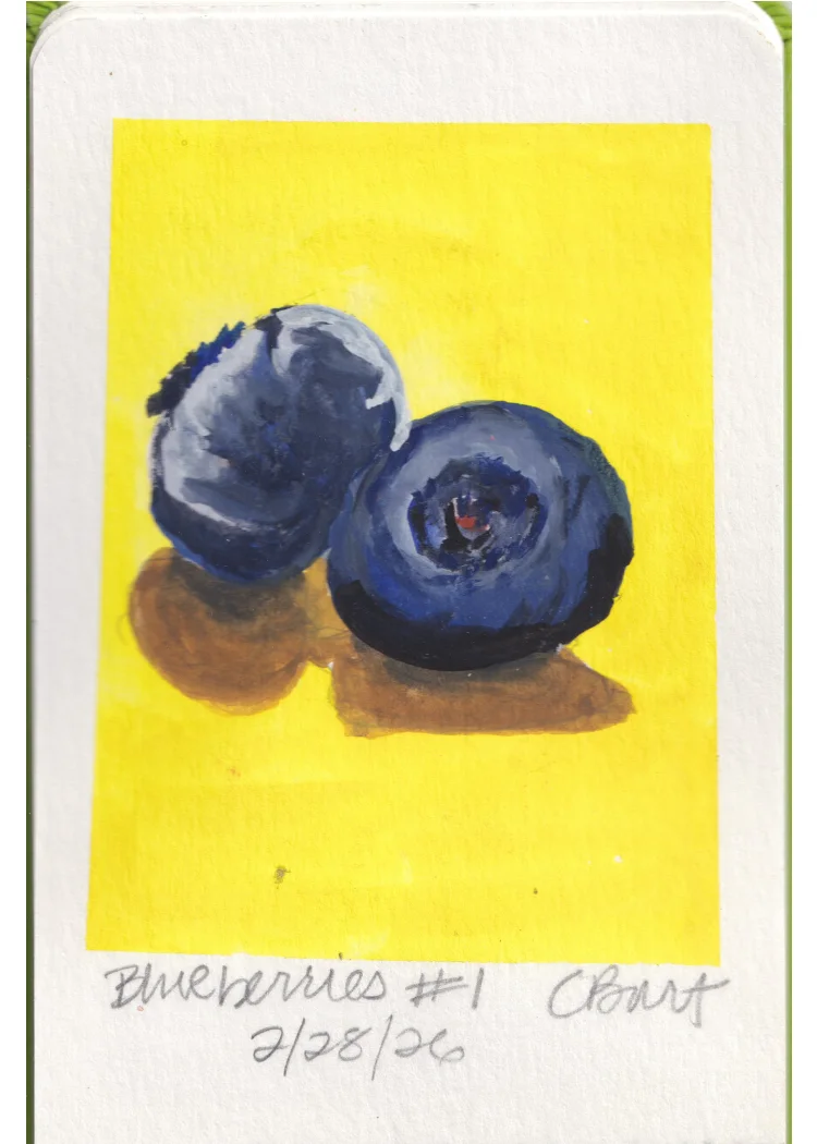 Blueberries #1 — gouache painting of two blueberries on yellow ground