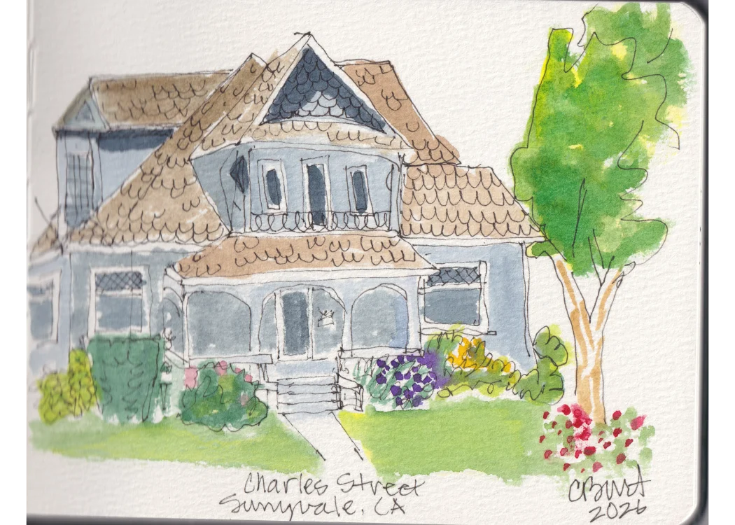 Charles Street — pen and ink with watercolor sketch of a Victorian house in Sunnyvale, CA