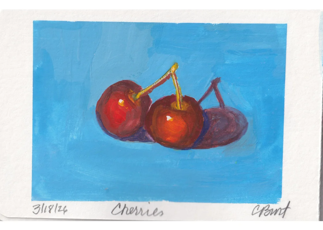 Cherries — gouache painting of two cherries on blue ground