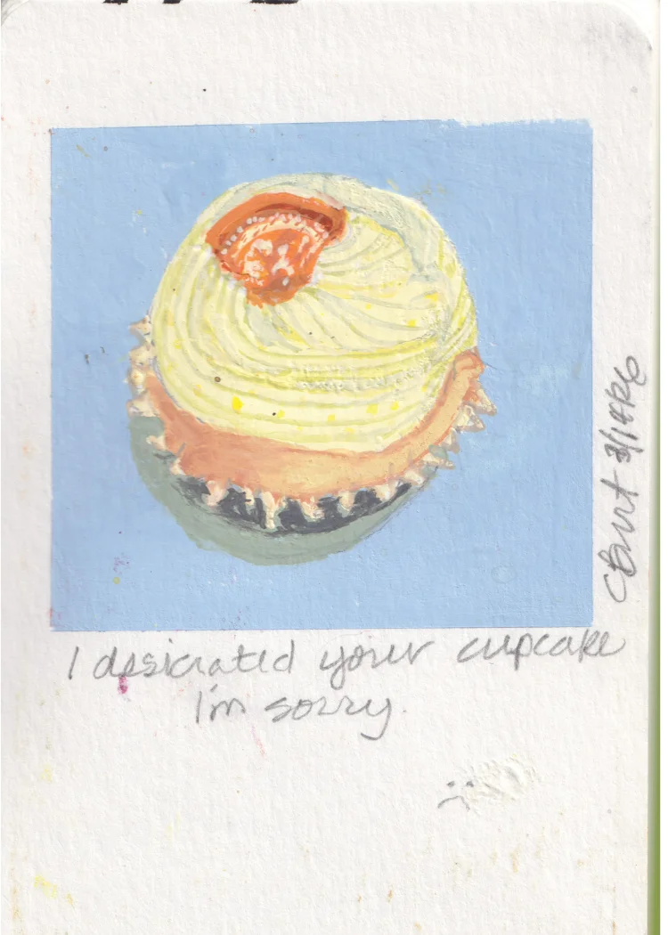 Cupcake #2 — gouache painting of a frosted cupcake on blue ground