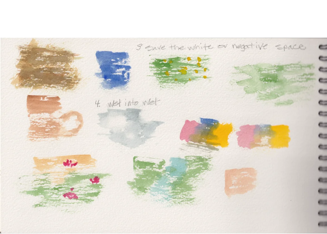 Dry Brush exercises — negative space, wet into wet, and small studies of a mug, sky, and water lilies