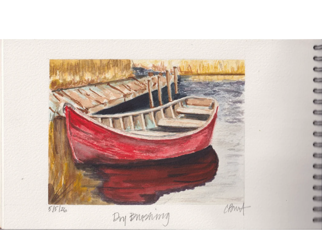 Dry Brush Final Project — watercolor of a red rowboat moored at a dock with reflection