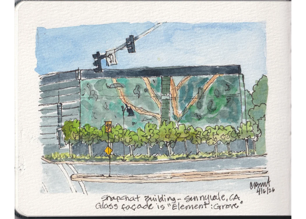 Snapchat Building — pen and ink with watercolor sketch of the glass facade "Element: Grove" in Sunnyvale, CA