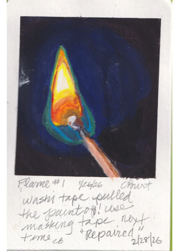 Flame #1 — gouache painting of a lit match flame on a dark blue ground
