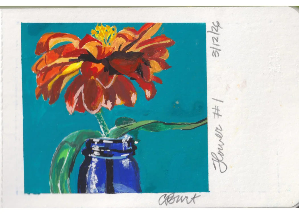 Flower #1 — gouache painting of a red zinnia in a cobalt blue vase on teal ground