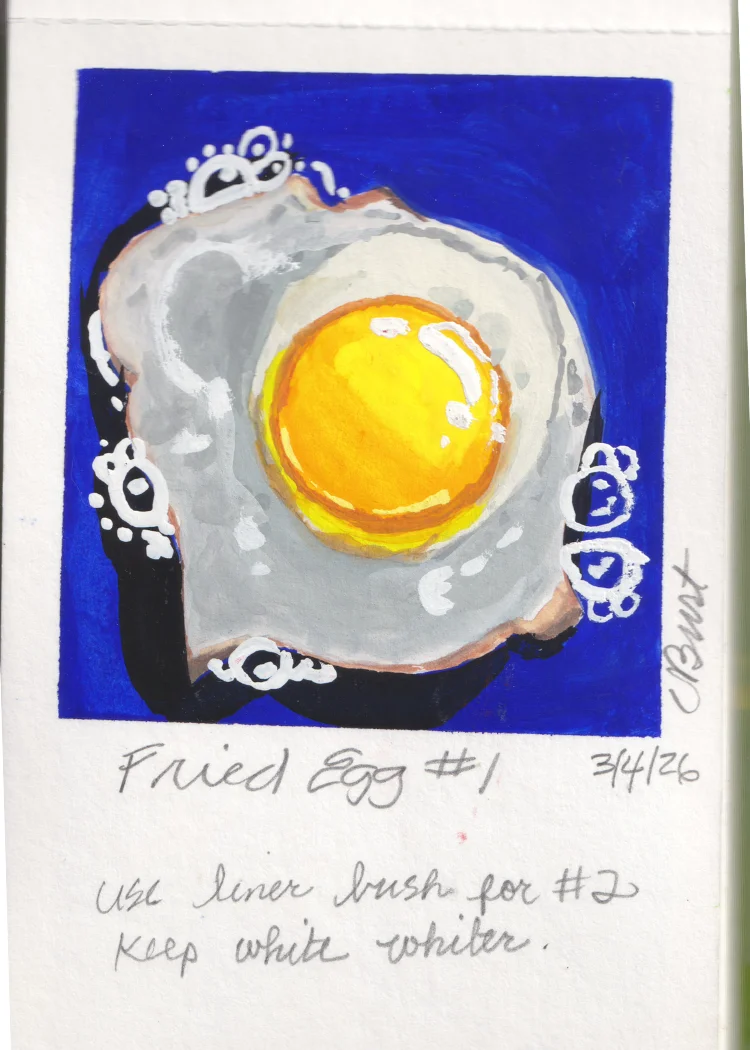 Fried Egg #1 — gouache painting of a fried egg on blue ground