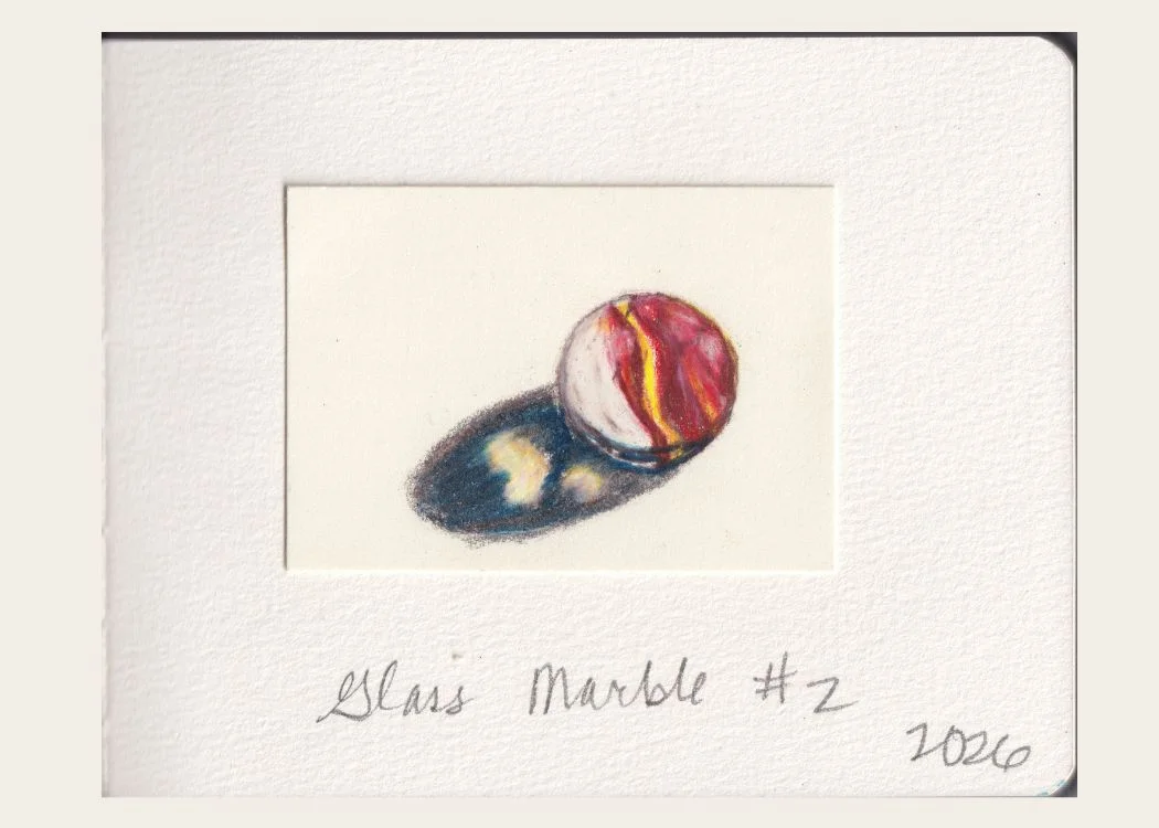 Glass Marble #2 — colored pencil sketch of a red and yellow glass marble with a long blue shadow