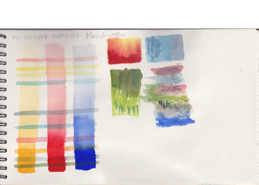 Sketchbook exercise March 2026 — watercolor glazing grid with overlapping color bars and small landscape studies