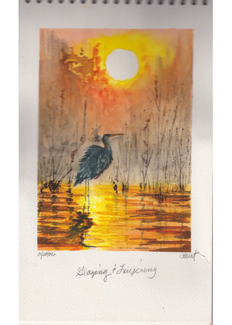 Glazing and Layering Final Project — watercolor sunset scene with a heron in golden marsh waters