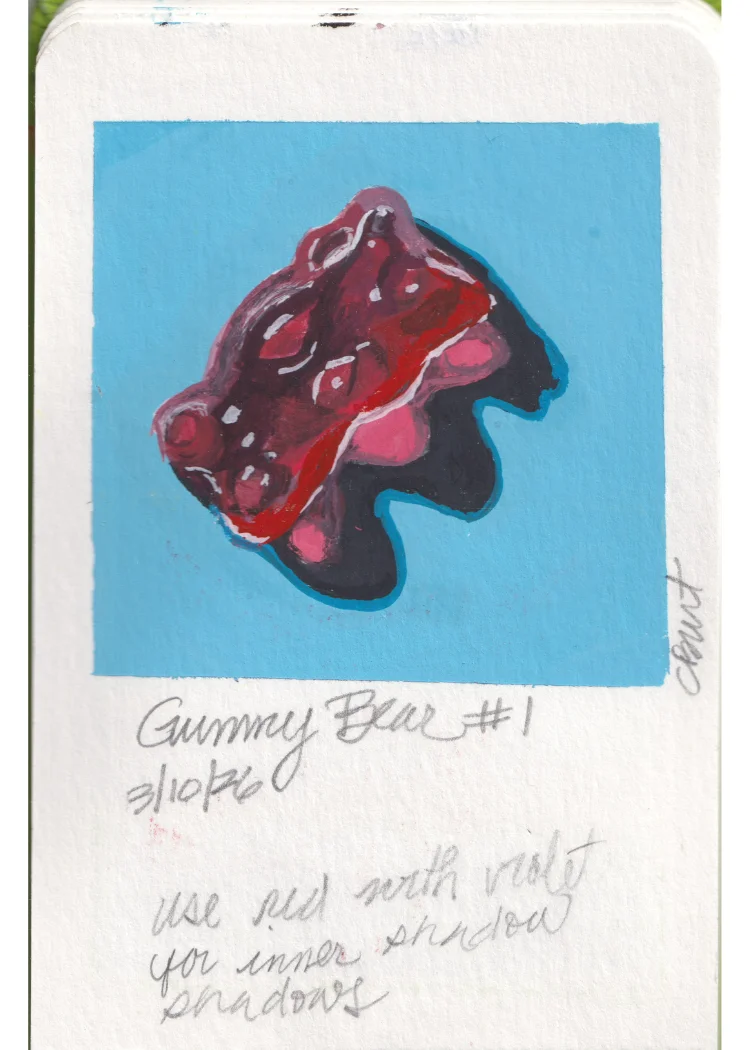 Gummy Bear #1 — gouache painting of a red gummy bear on blue ground