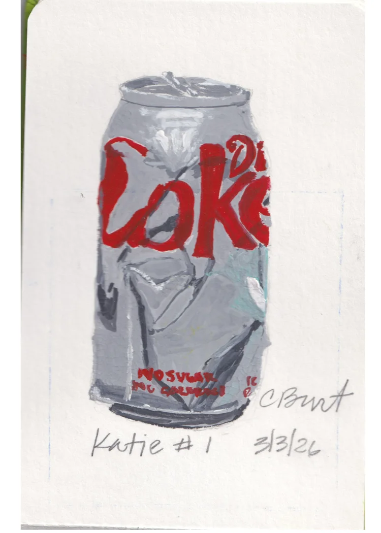 Katie #1 — gouache painting of a crushed Diet Coke can