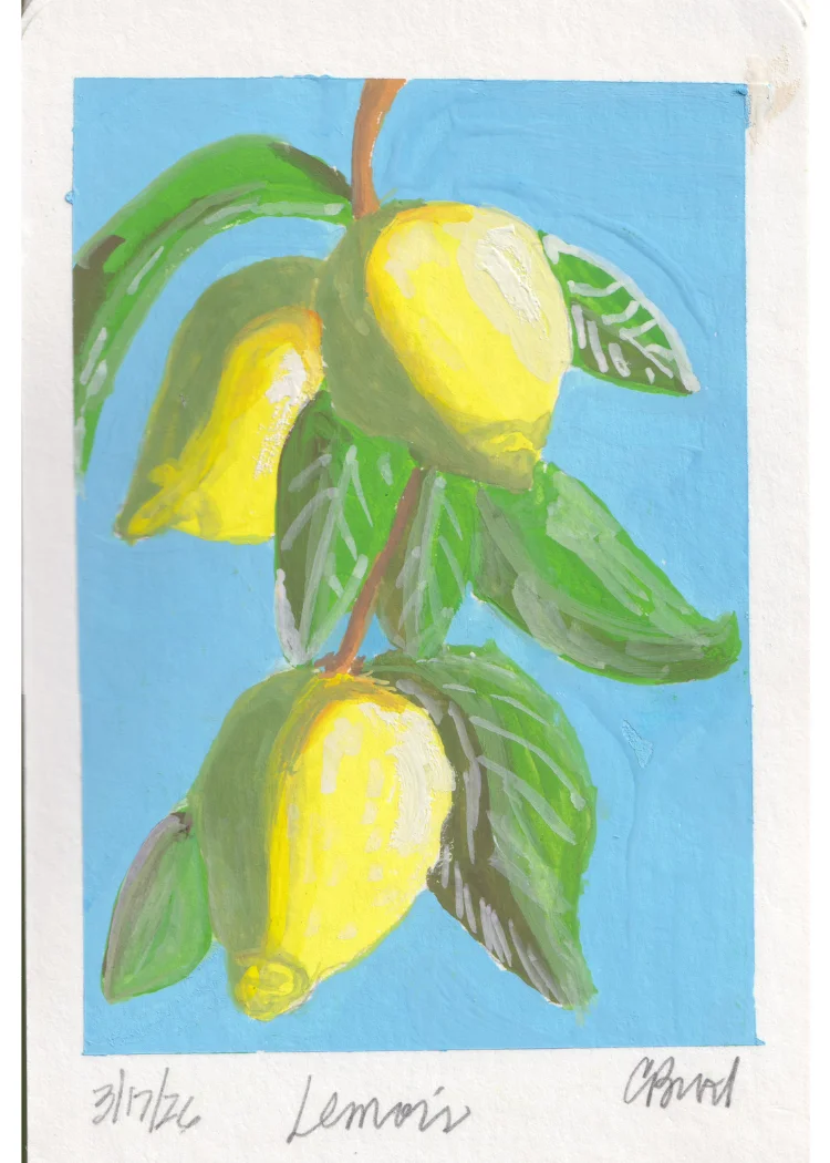 Lemons #2 — gouache painting of lemons on the branch on blue ground
