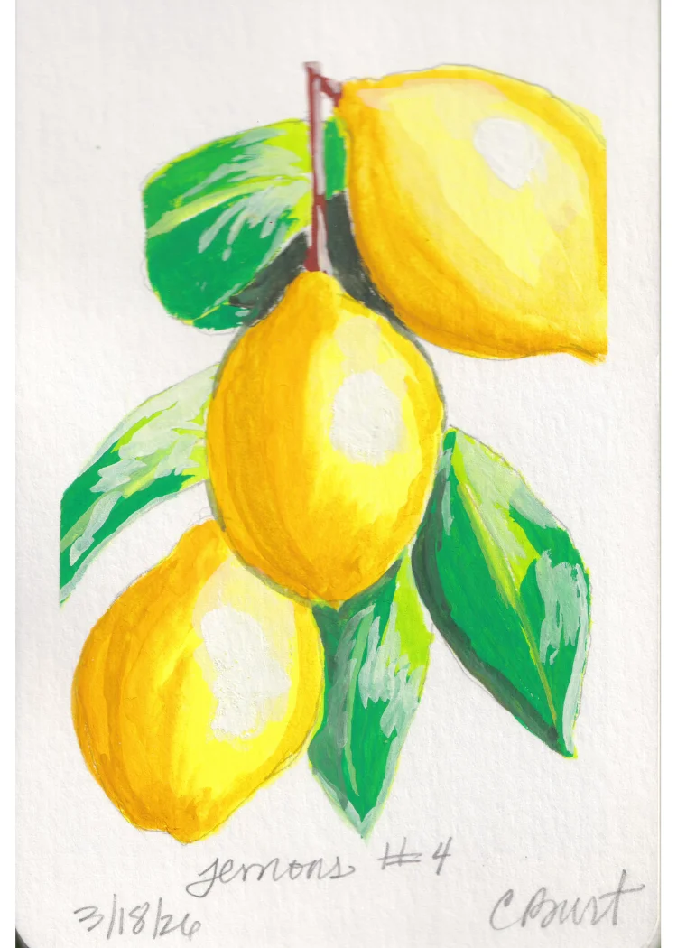 Lemons #4 — gouache painting of three lemons on a branch with white highlights