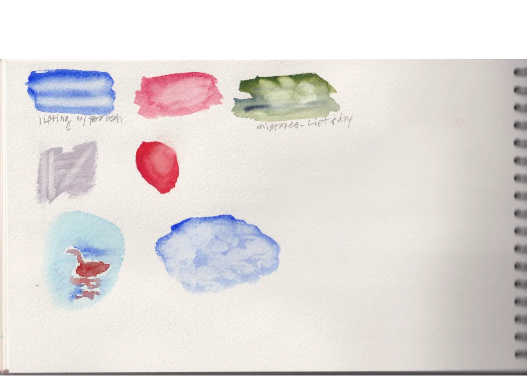 Lifting with brush — watercolor exercises showing lifting with brush, mistakes lifted dry, and small reflection study