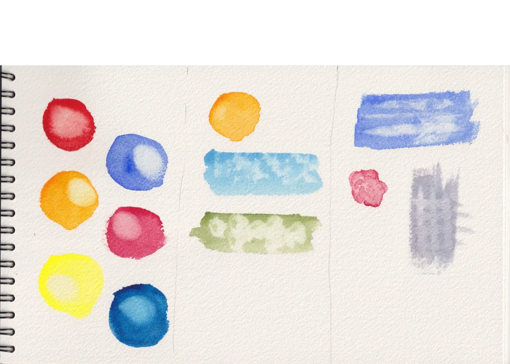 Lifting exercises — watercolor dots, bars, and small studies exploring lifting techniques across pigments