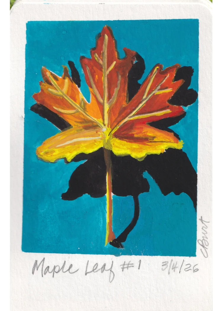Maple Leaf #1 — gouache painting of an autumn maple leaf on teal ground