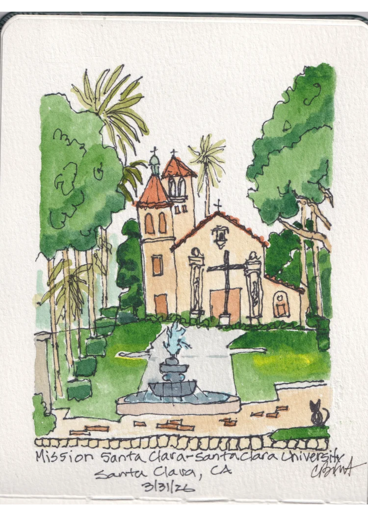 Mission Santa Clara — pen and ink with watercolor sketch at Santa Clara University, Santa Clara, CA