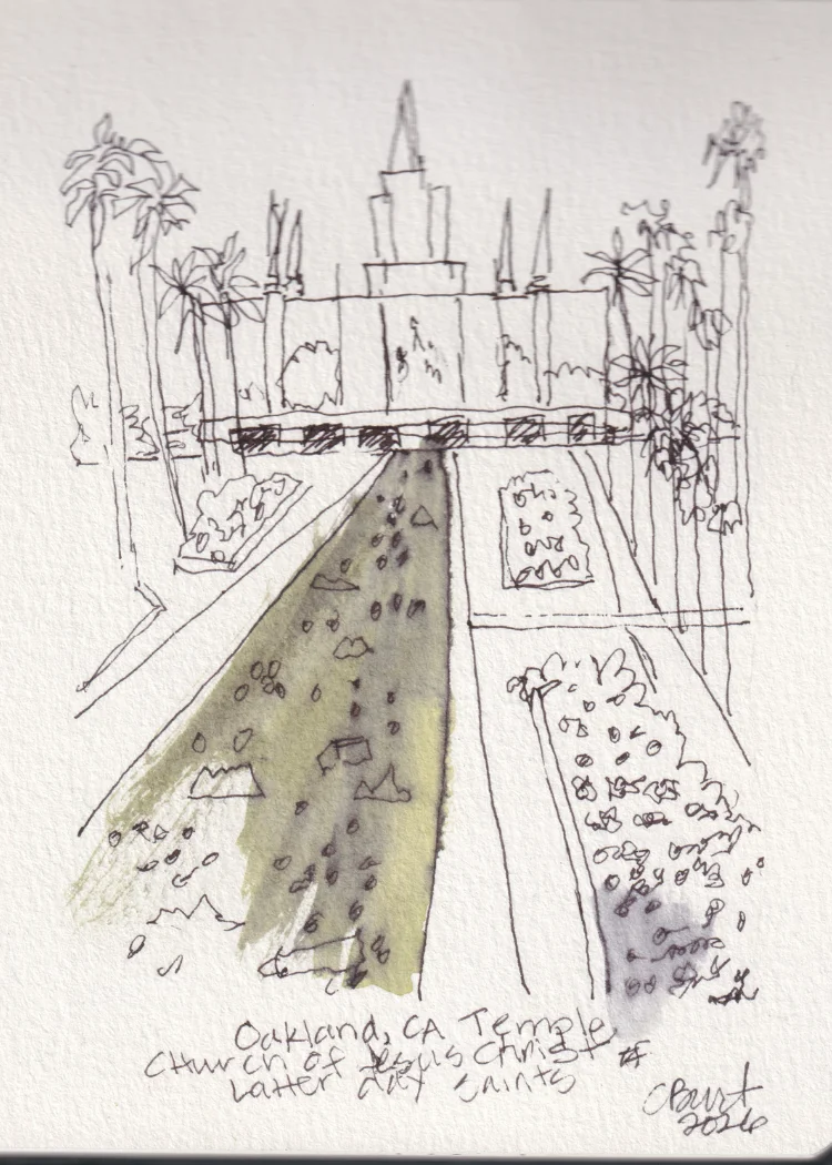 Oakland Temple — pen and ink with watercolor sketch of the Church of Jesus Christ of Latter-day Saints temple in Oakland, CA