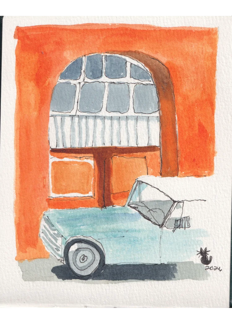 Old Car — pen and ink with watercolor sketch of a vintage car against an orange wall