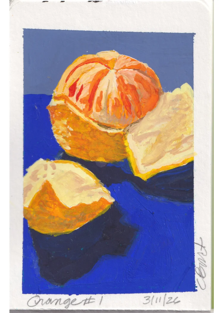 Orange #1 — gouache still life of a peeled orange and segments on blue