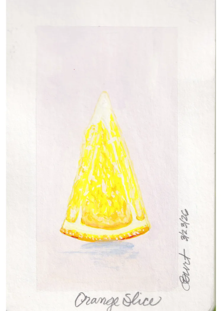 Orange Slice — gouache painting of a single orange wedge on lavender ground