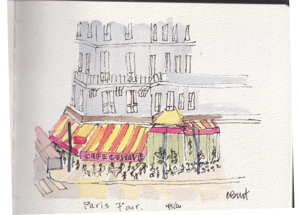 Paris 7e arrondissement — pen and ink with watercolor sketch of Café Gustave