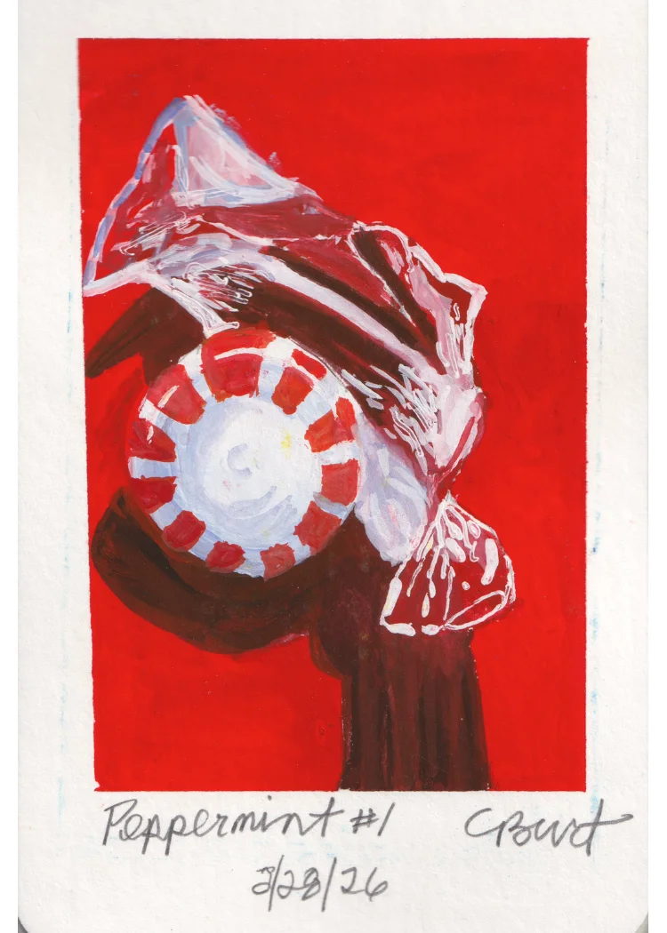 Peppermint #1 — gouache painting of a wrapped peppermint candy on red ground