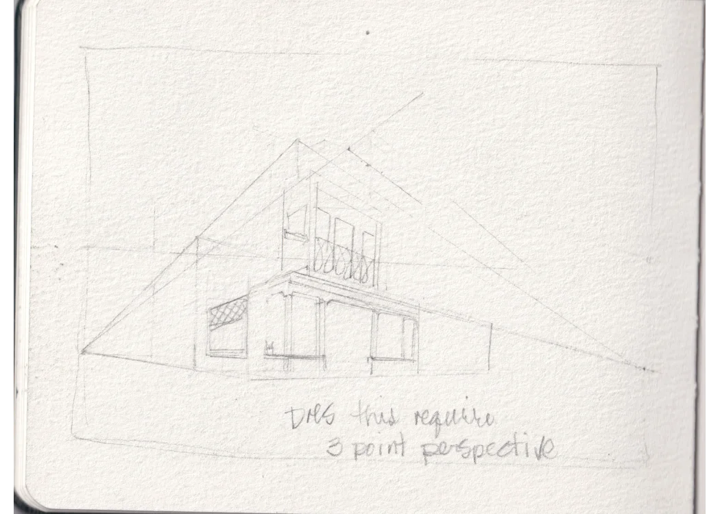 Perspective Study — pencil sketch exploring three-point perspective on a house
