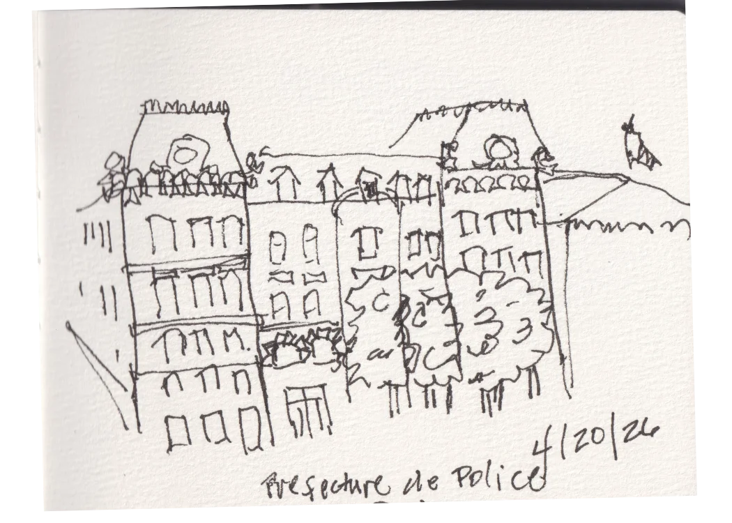 Préfecture de Police, Paris — pen and ink sketch of Parisian rooftops