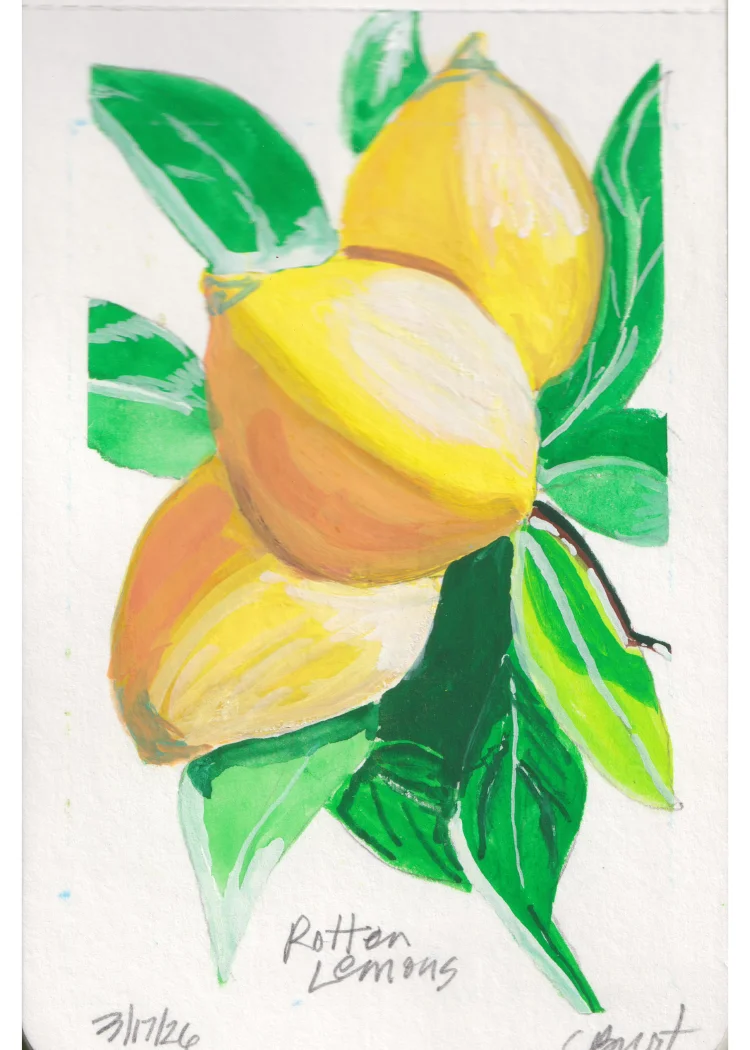 Rotten Lemons — gouache painting of overripe lemons with green leaves