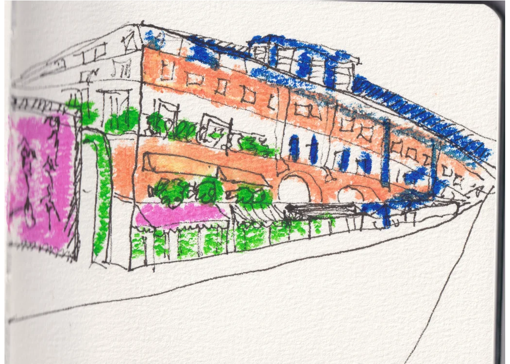 Rue Cler, Paris — pen and ink with colored pencil sketch of a Parisian street