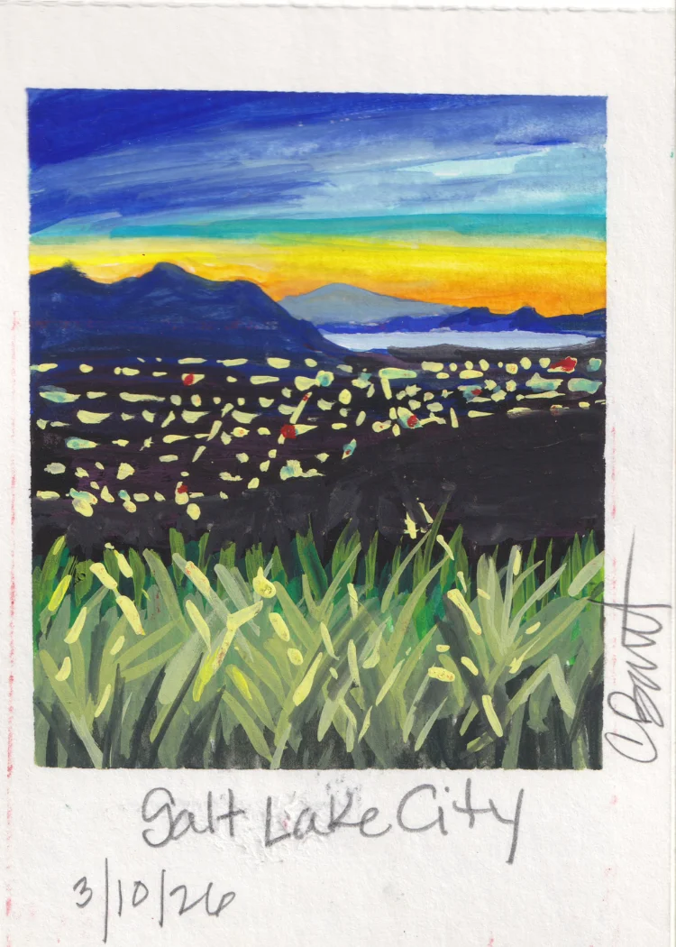 Salt Lake City — gouache landscape of city lights at sunset with grass foreground