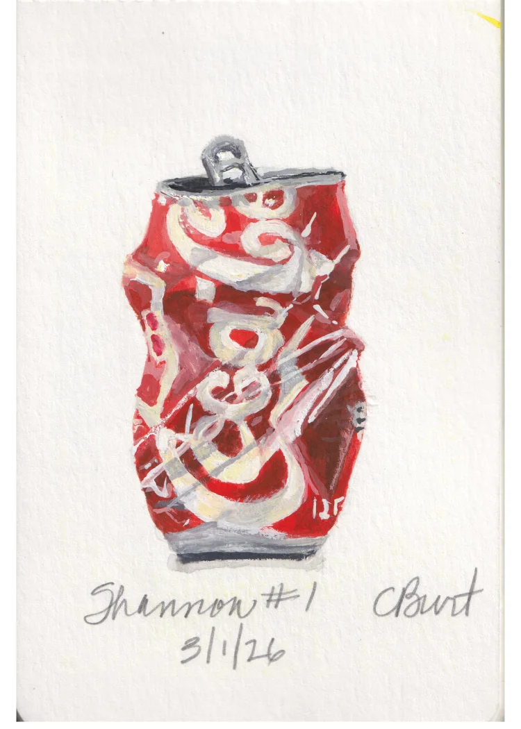 Shannon #1 — gouache painting of a crushed red soda can