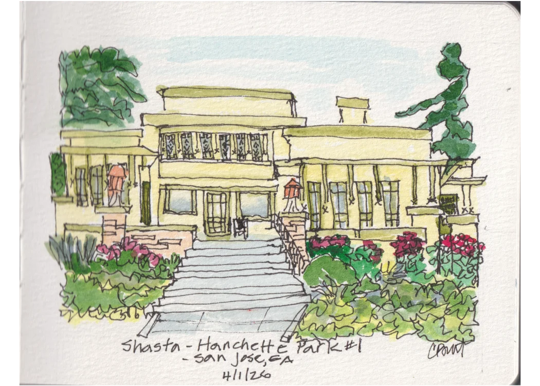 Shasta-Hanchette Park #1 — pen and ink with watercolor sketch of a yellow house in San Jose, CA