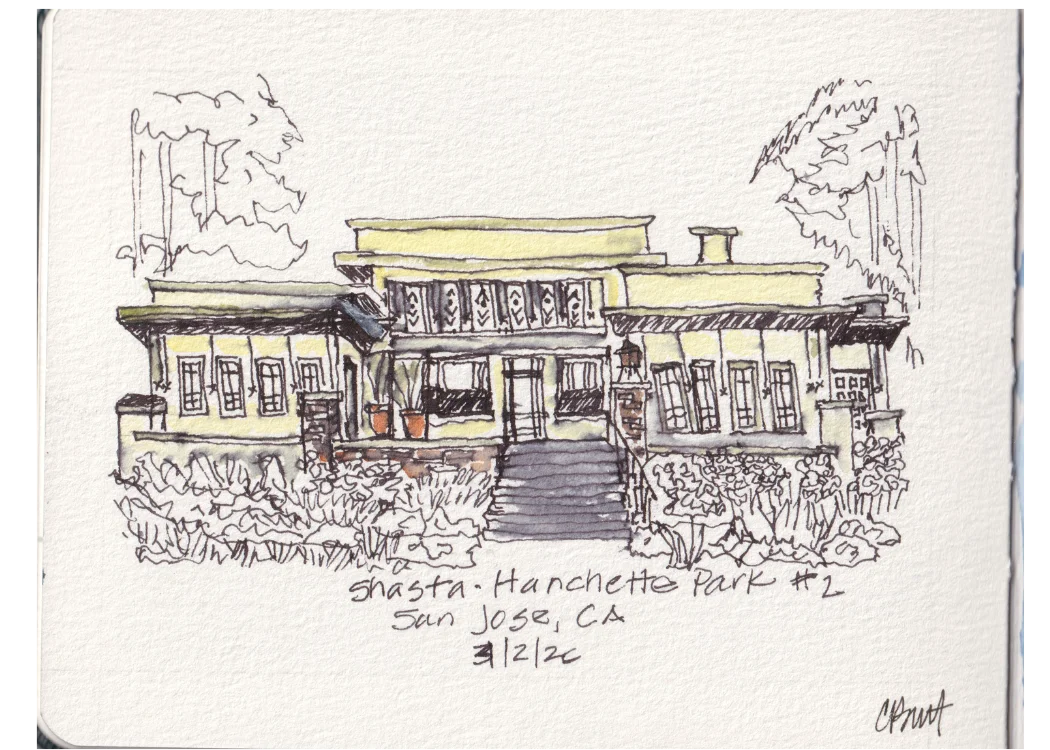 Shasta-Hanchette Park #2 — pen and ink with watercolor sketch of a yellow craftsman house in San Jose, CA