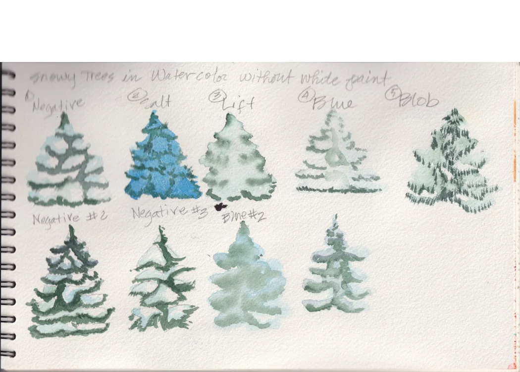Snowy Trees in Watercolor — sketchbook studies of pine trees using negative space, salt, lifting, and blob techniques