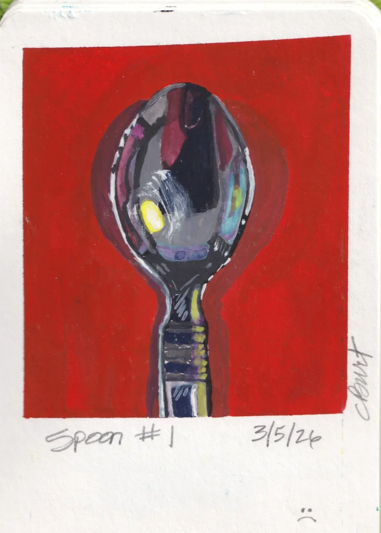 Spoon #1 — gouache painting of a reflective metal spoon on red ground