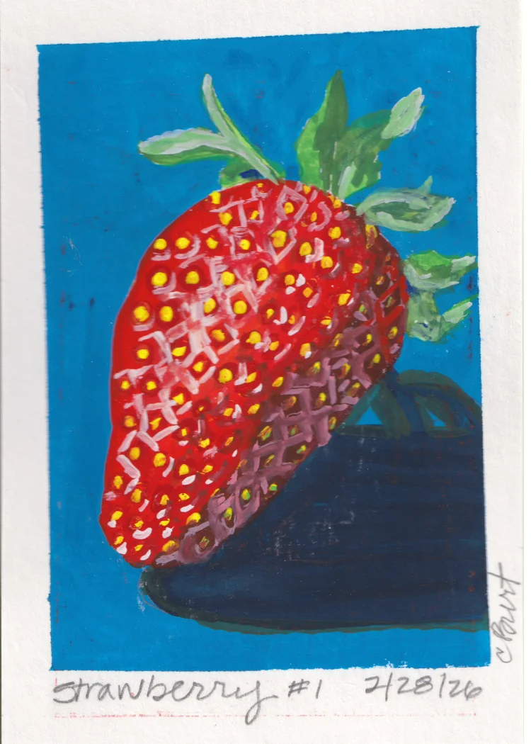 Strawberry #1 — gouache painting of a strawberry on blue ground
