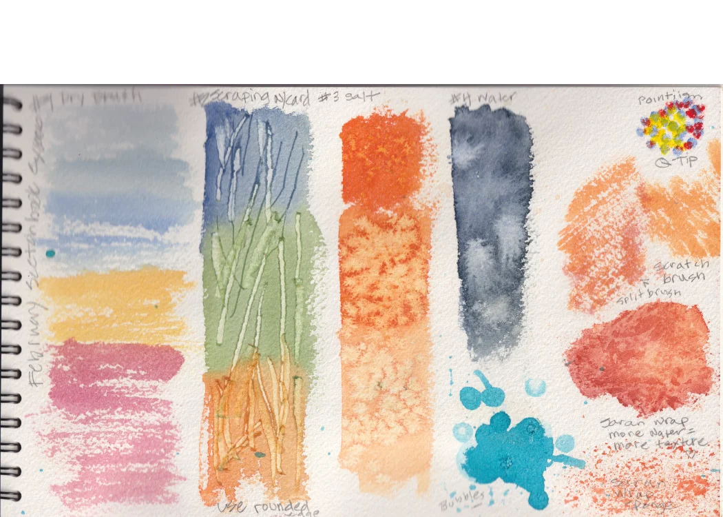 February texture studies — dry brush, scraping with card, salt, water, Q-tip, scratch brush, and saran wrap