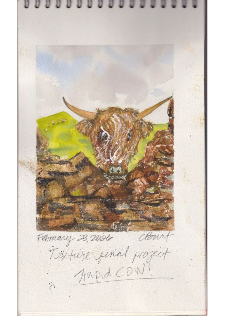 Texture Final Project — watercolor portrait of a highland cow behind a stone wall