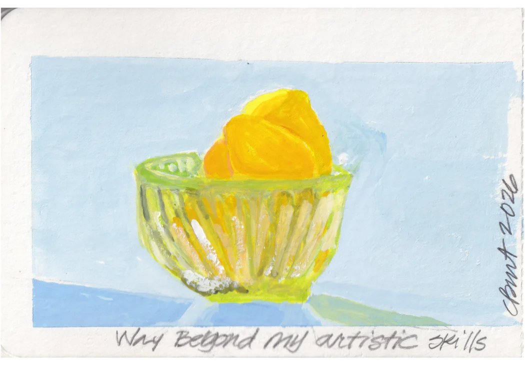Way Beyond — gouache painting of lemons in a green glass bowl on blue ground