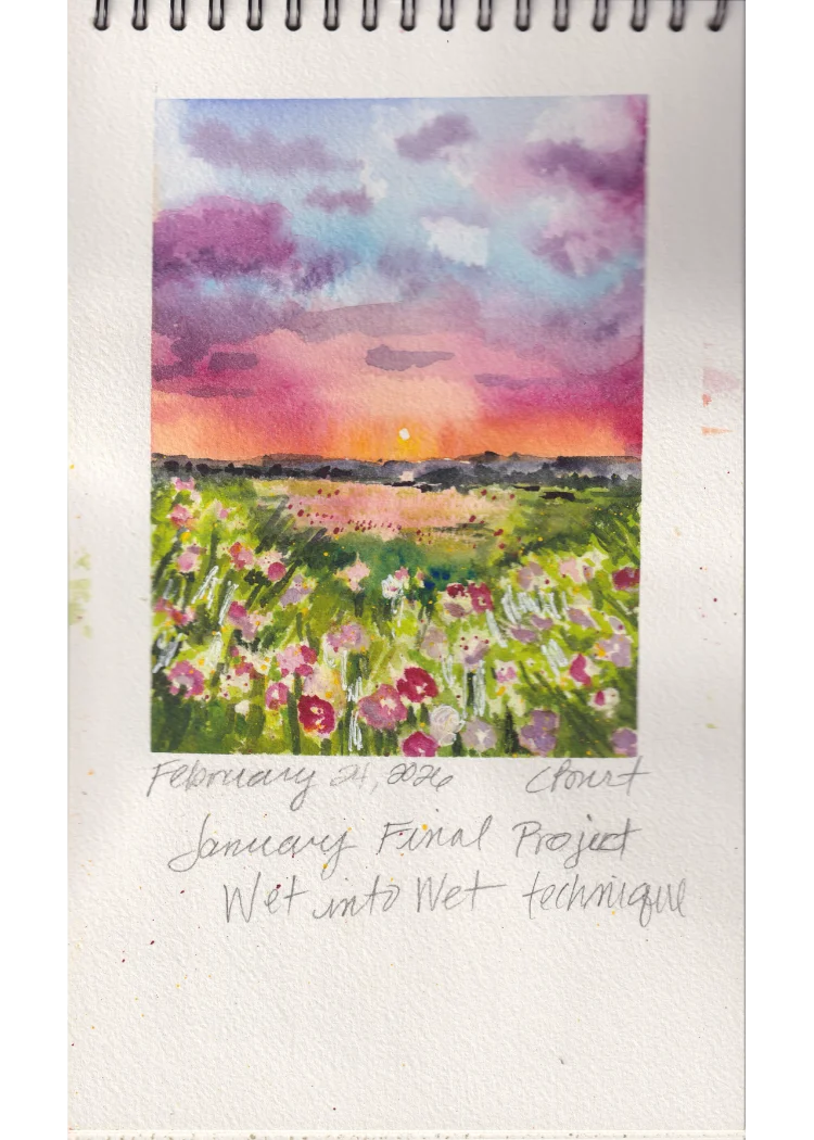 Wet into Wet Final Project — watercolor sunset landscape with pink and purple sky over a flower field